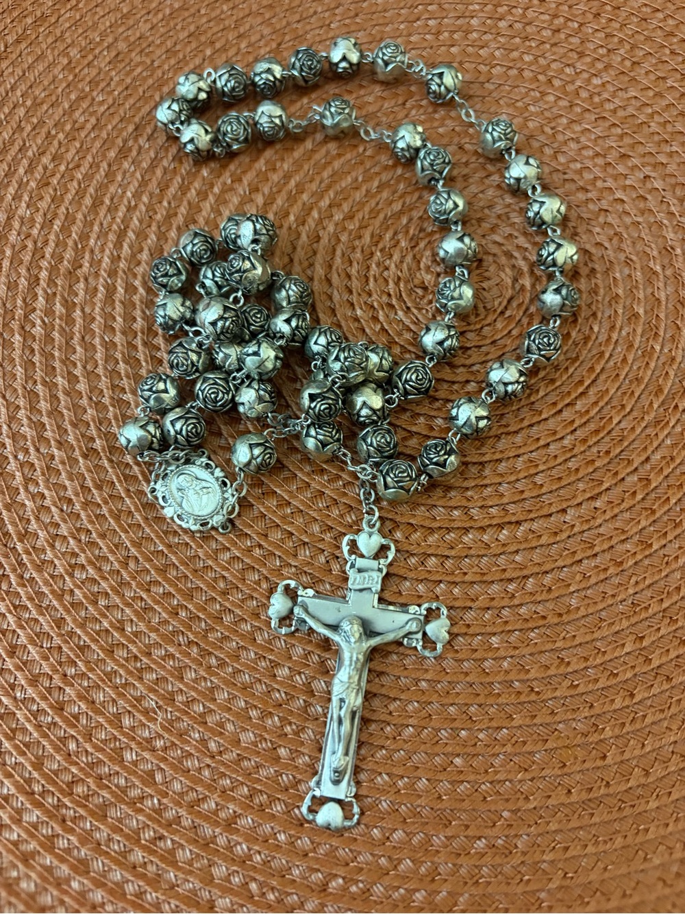 Sterling Silver Rosary Necklace with Rose Beads - Silver 28” inch long